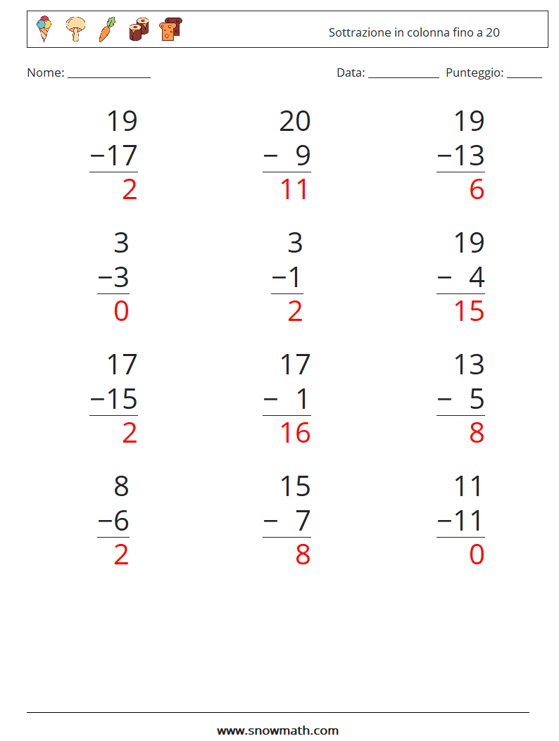 (12) Sottrazione in colonna fino a 20 Fogli di lavoro di matematica 7 Domanda, Risposta