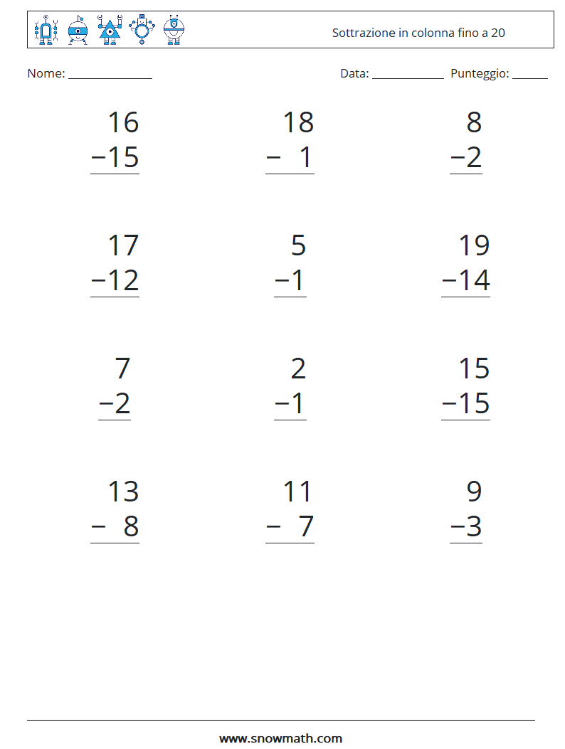 (12) Sottrazione in colonna fino a 20 Fogli di lavoro di matematica 8