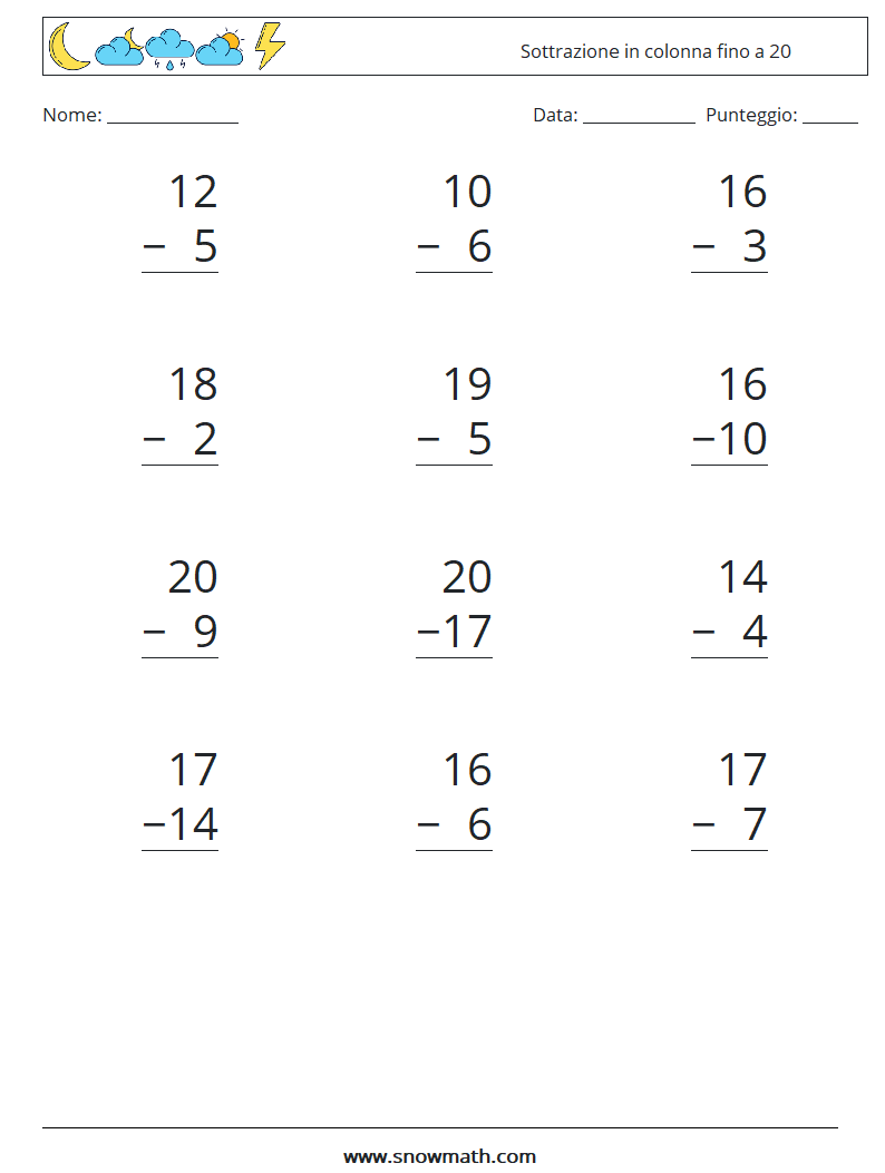 (12) Sottrazione in colonna fino a 20 Fogli di lavoro di matematica 9