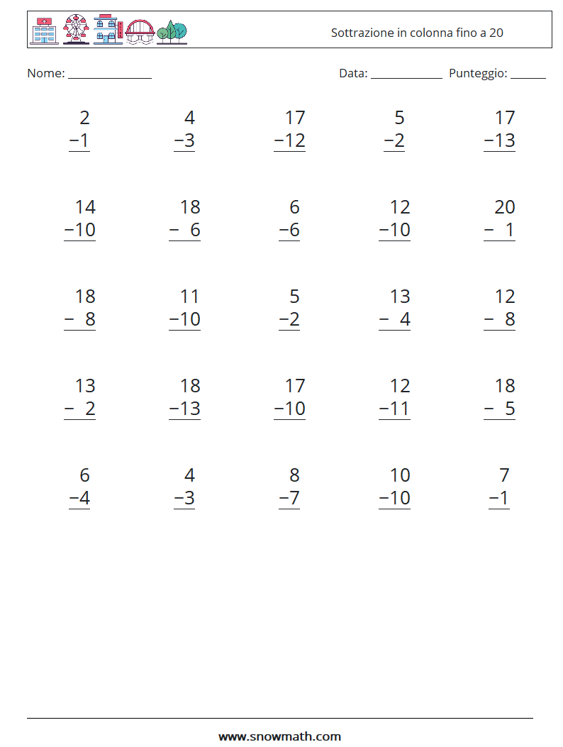 (25) Sottrazione in colonna fino a 20 Fogli di lavoro di matematica 1