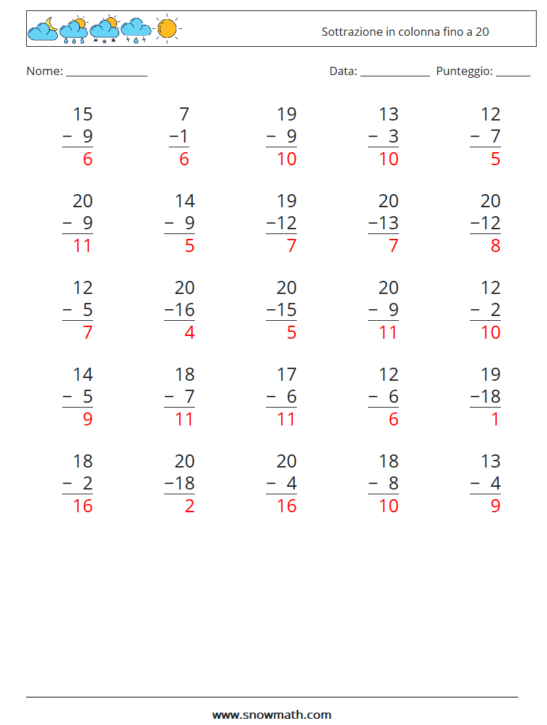 (25) Sottrazione in colonna fino a 20 Fogli di lavoro di matematica 10 Domanda, Risposta