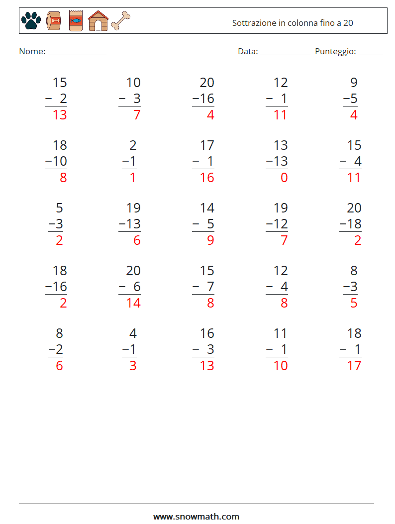 (25) Sottrazione in colonna fino a 20 Fogli di lavoro di matematica 11 Domanda, Risposta