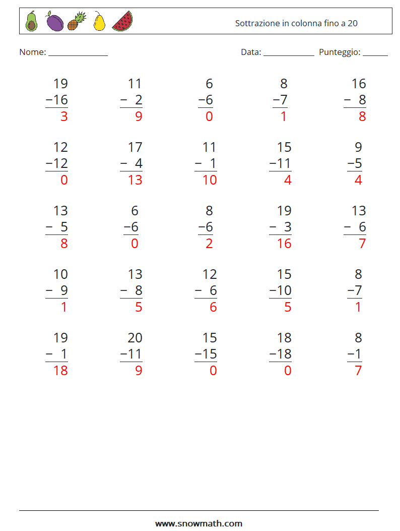(25) Sottrazione in colonna fino a 20 Fogli di lavoro di matematica 13 Domanda, Risposta