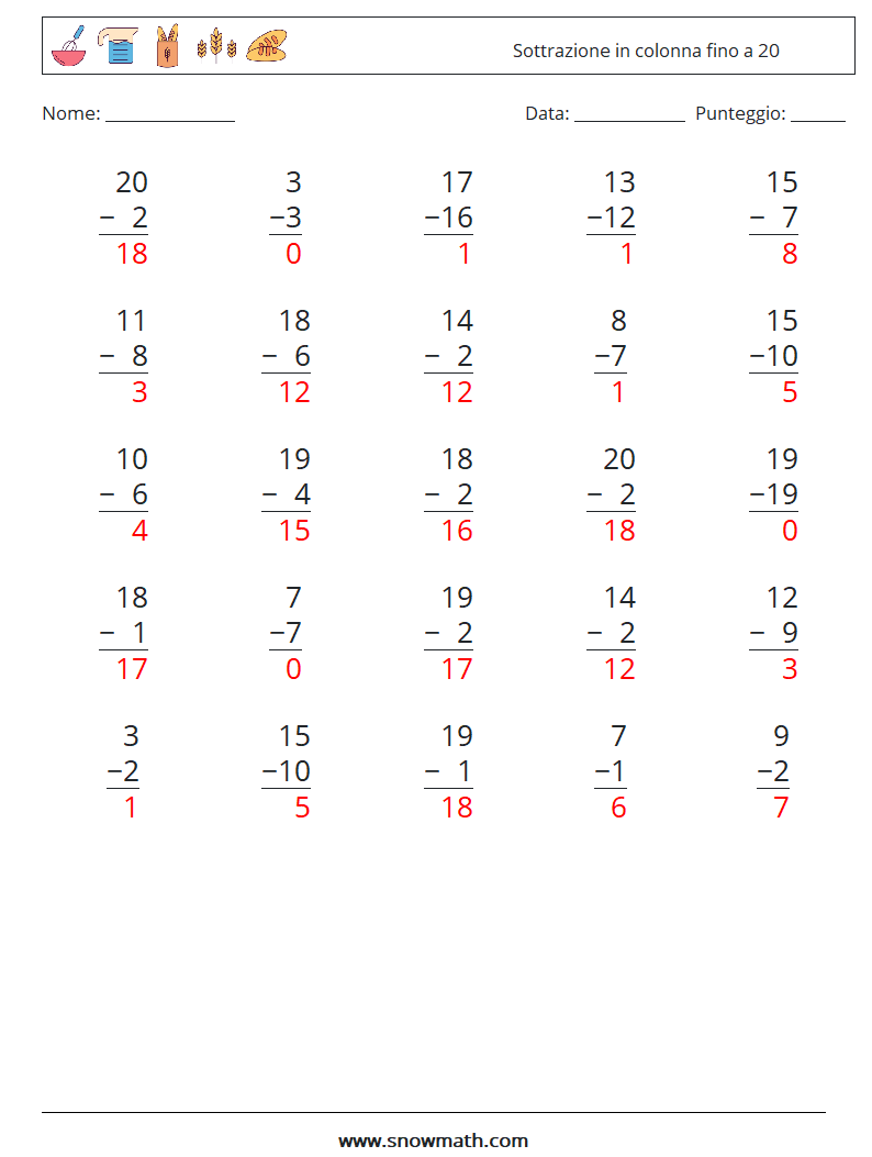 (25) Sottrazione in colonna fino a 20 Fogli di lavoro di matematica 15 Domanda, Risposta