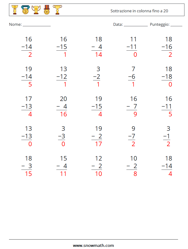 (25) Sottrazione in colonna fino a 20 Fogli di lavoro di matematica 16 Domanda, Risposta