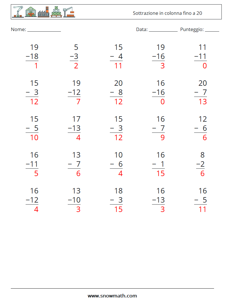 (25) Sottrazione in colonna fino a 20 Fogli di lavoro di matematica 17 Domanda, Risposta