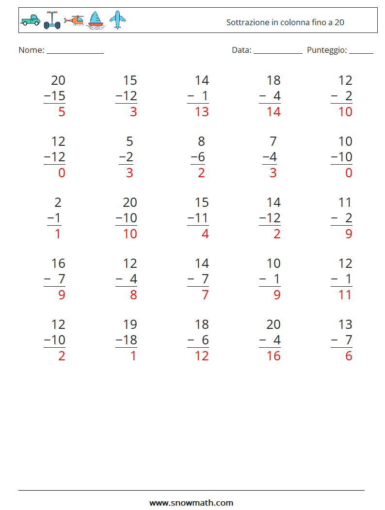 (25) Sottrazione in colonna fino a 20 Fogli di lavoro di matematica 18 Domanda, Risposta