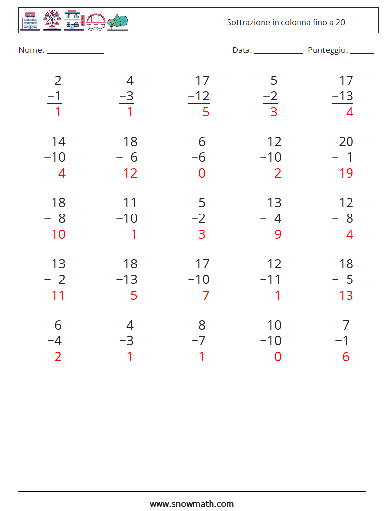 (25) Sottrazione in colonna fino a 20 Fogli di lavoro di matematica 1 Domanda, Risposta