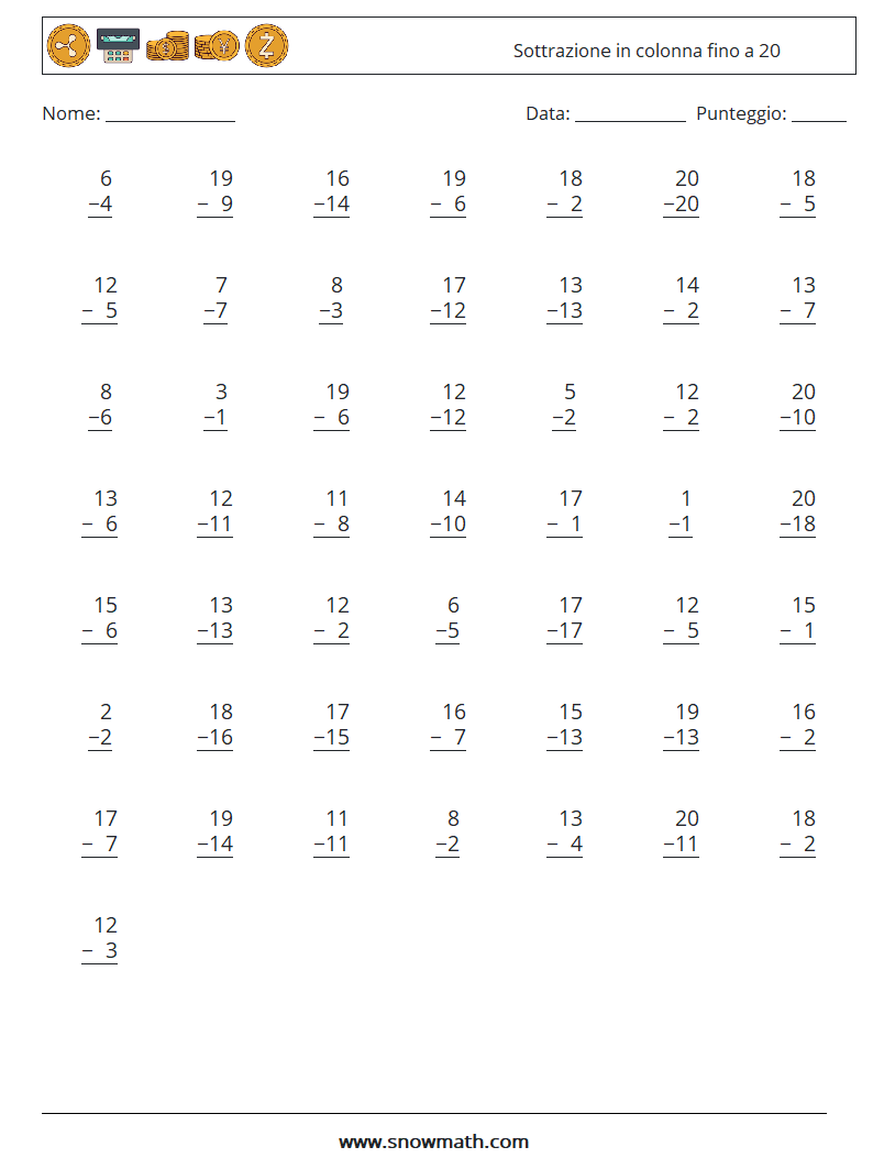 (50) Sottrazione in colonna fino a 20 Fogli di lavoro di matematica 1