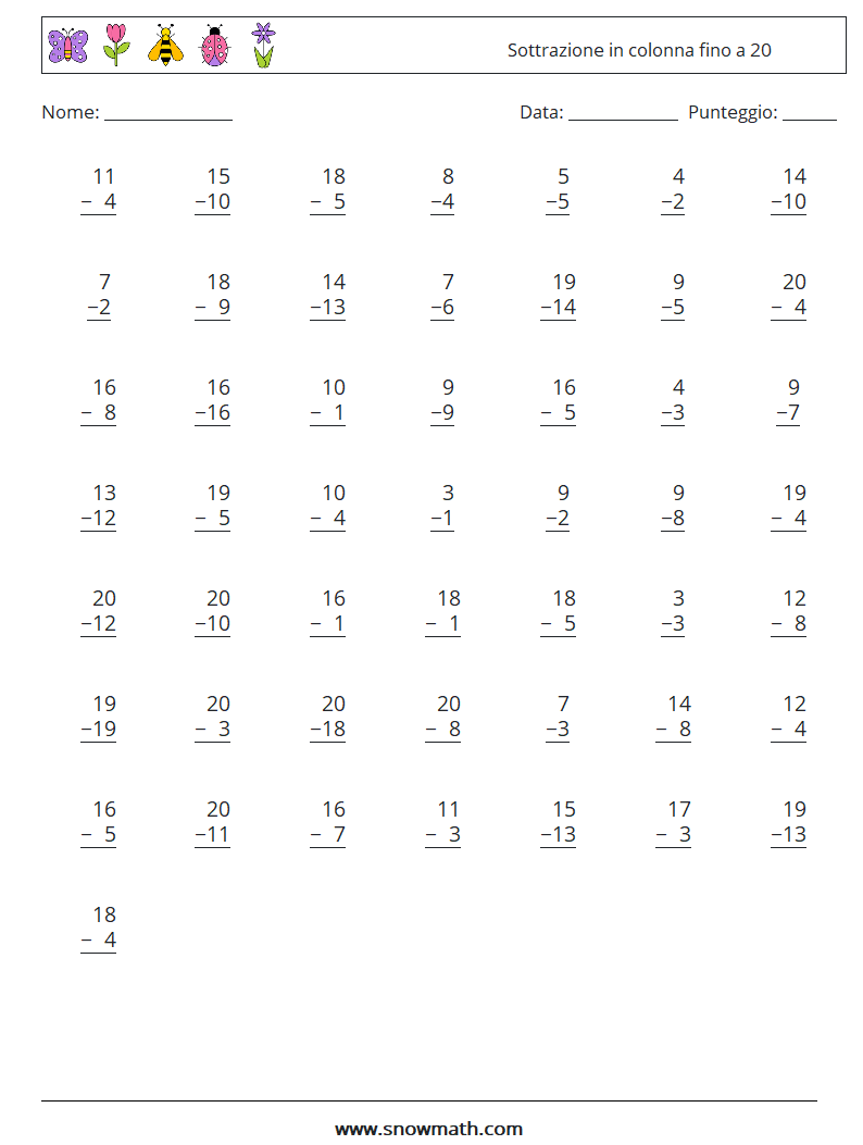 (50) Sottrazione in colonna fino a 20 Fogli di lavoro di matematica 10