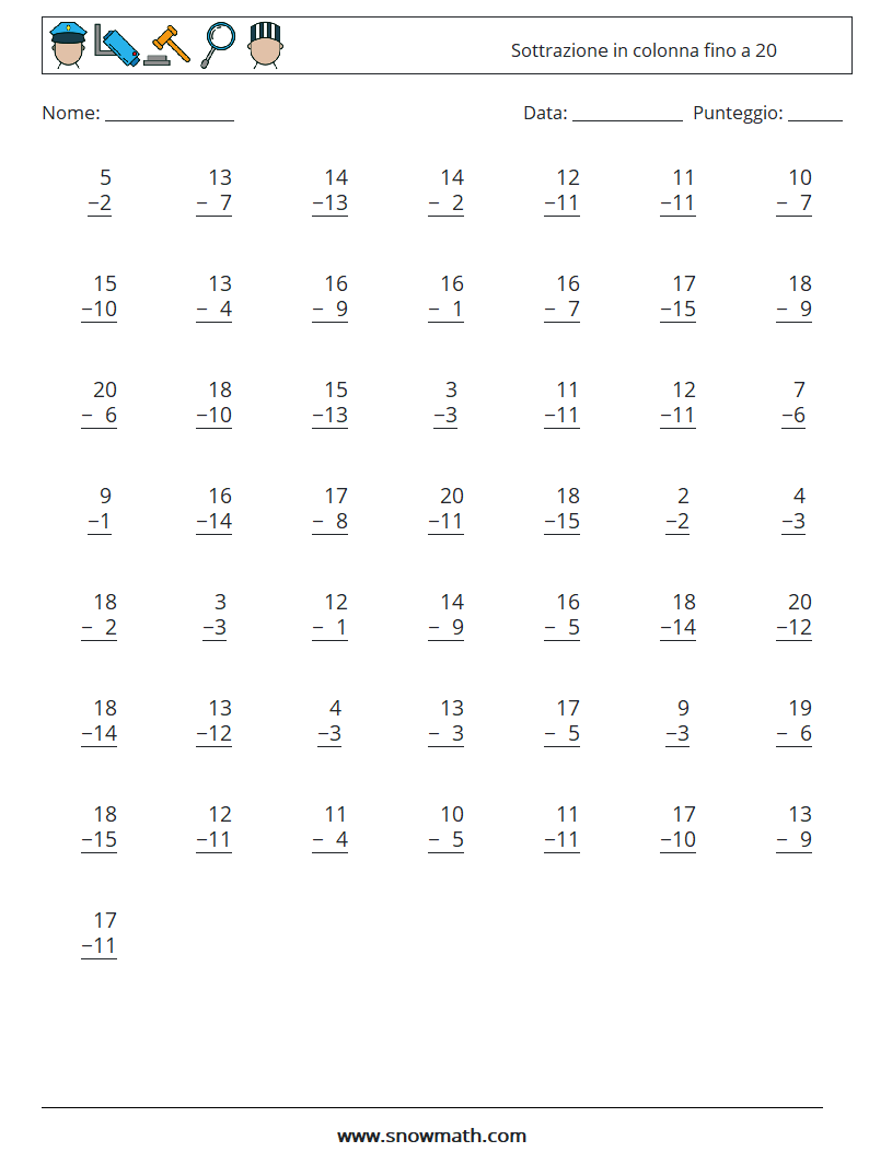 (50) Sottrazione in colonna fino a 20 Fogli di lavoro di matematica 11