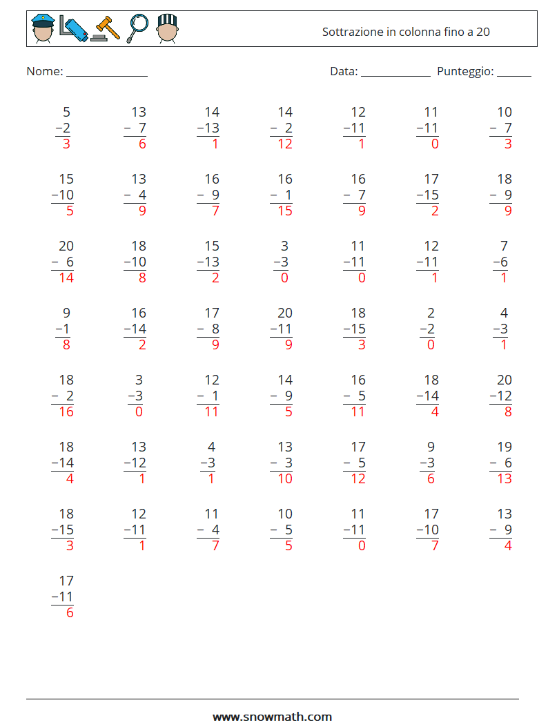 (50) Sottrazione in colonna fino a 20 Fogli di lavoro di matematica 11 Domanda, Risposta