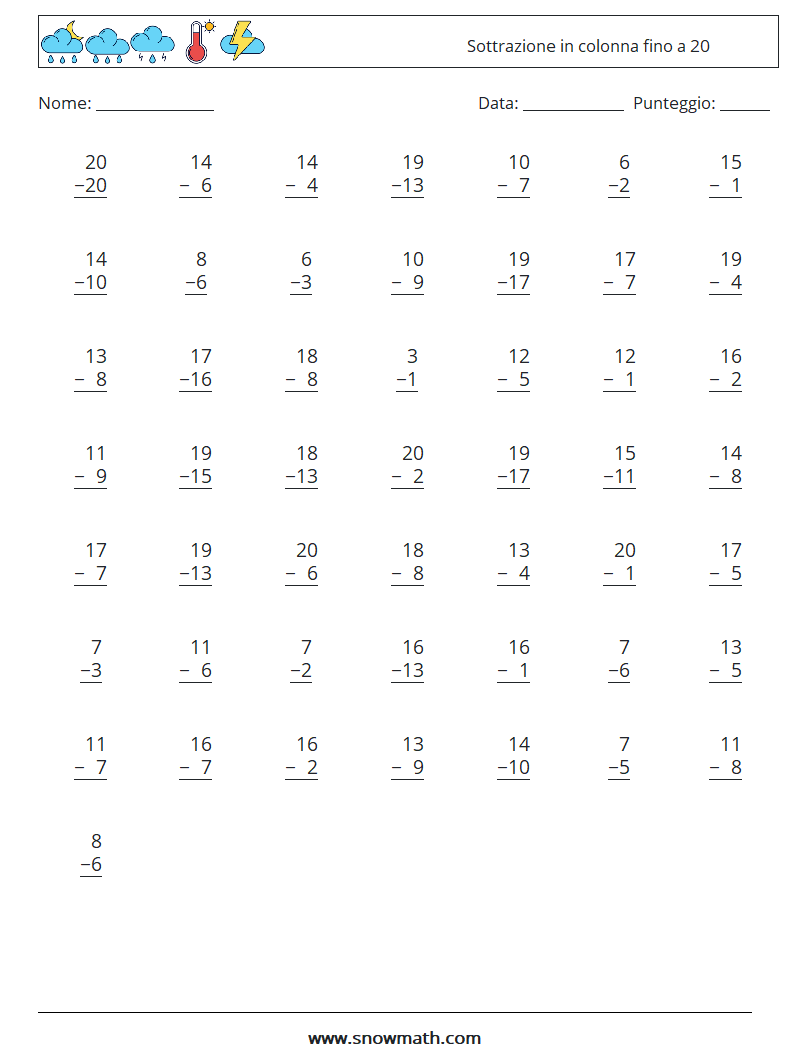 (50) Sottrazione in colonna fino a 20 Fogli di lavoro di matematica 12