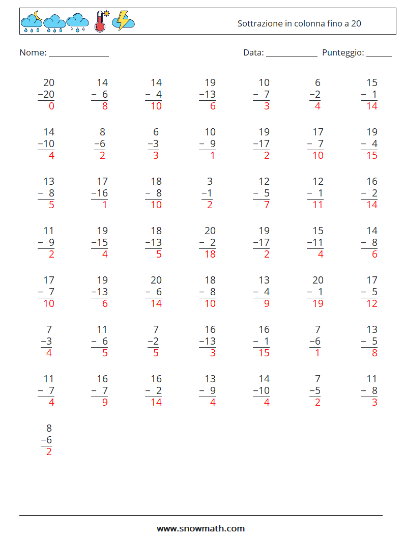 (50) Sottrazione in colonna fino a 20 Fogli di lavoro di matematica 12 Domanda, Risposta