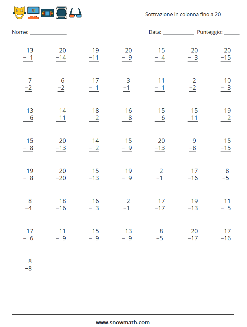 (50) Sottrazione in colonna fino a 20 Fogli di lavoro di matematica 13
