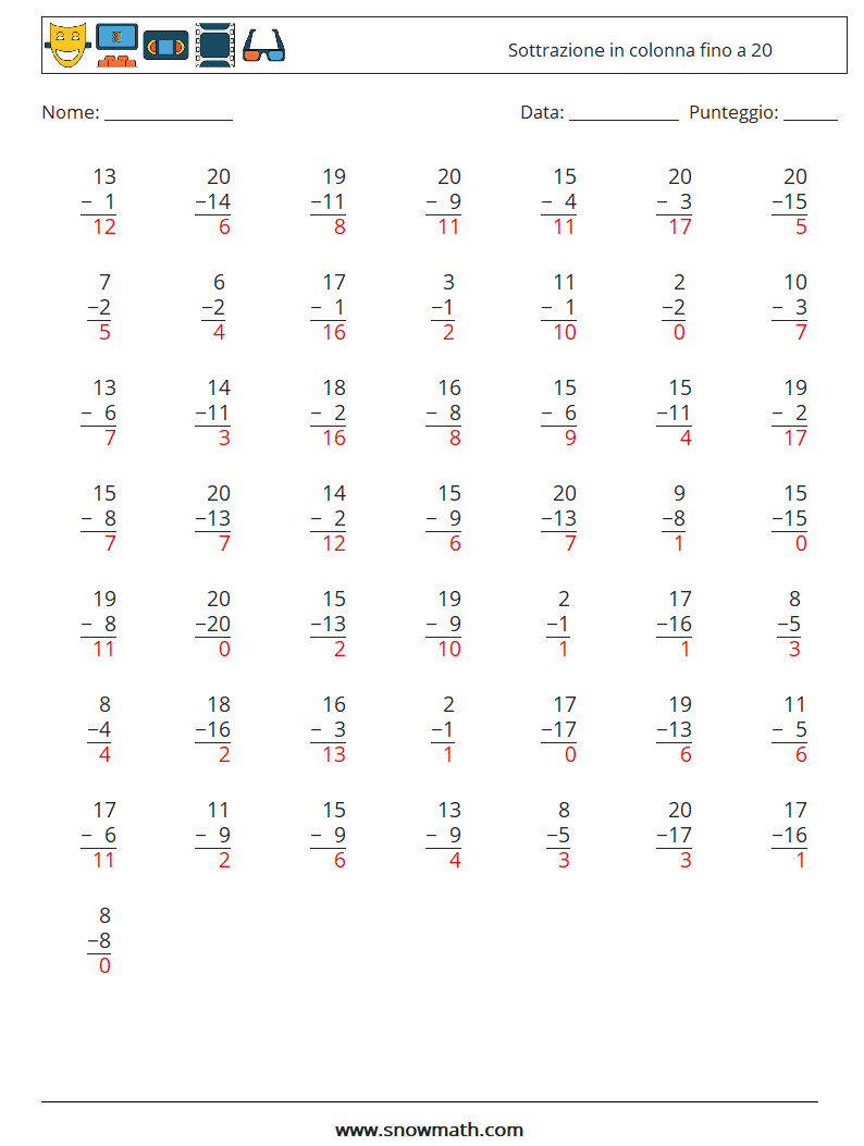 (50) Sottrazione in colonna fino a 20 Fogli di lavoro di matematica 13 Domanda, Risposta