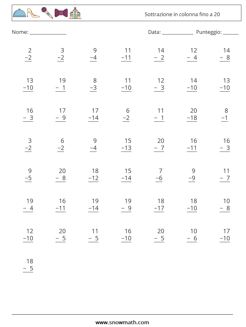 (50) Sottrazione in colonna fino a 20 Fogli di lavoro di matematica 14