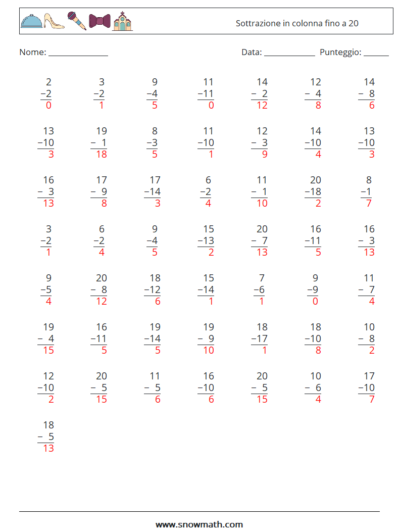(50) Sottrazione in colonna fino a 20 Fogli di lavoro di matematica 14 Domanda, Risposta