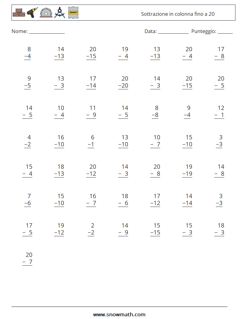 (50) Sottrazione in colonna fino a 20 Fogli di lavoro di matematica 15