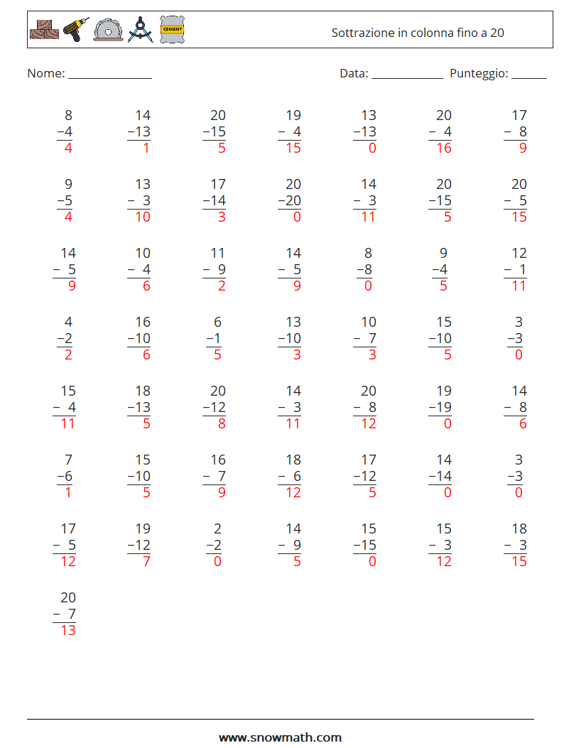 (50) Sottrazione in colonna fino a 20 Fogli di lavoro di matematica 15 Domanda, Risposta
