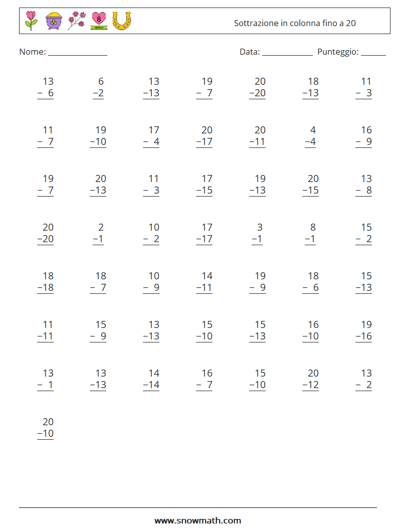 (50) Sottrazione in colonna fino a 20 Fogli di lavoro di matematica 16