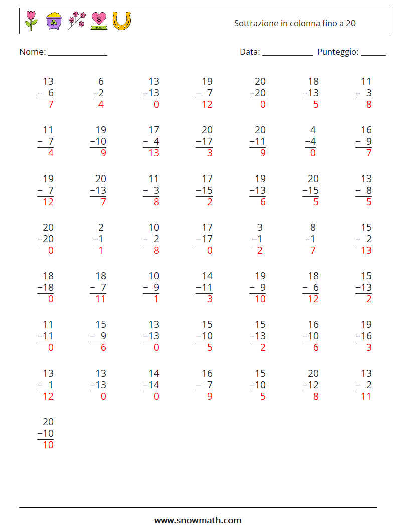 (50) Sottrazione in colonna fino a 20 Fogli di lavoro di matematica 16 Domanda, Risposta