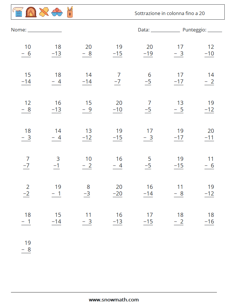 (50) Sottrazione in colonna fino a 20 Fogli di lavoro di matematica 17
