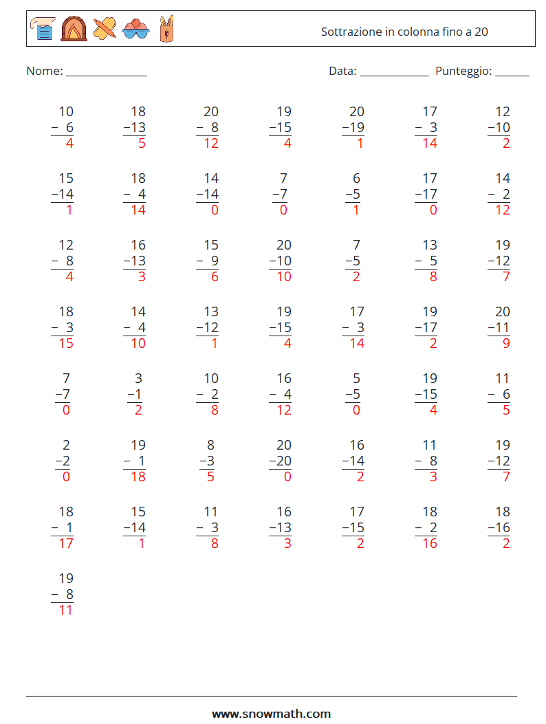 (50) Sottrazione in colonna fino a 20 Fogli di lavoro di matematica 17 Domanda, Risposta