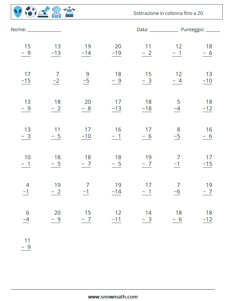 (50) Sottrazione in colonna fino a 20 Fogli di lavoro di matematica 18