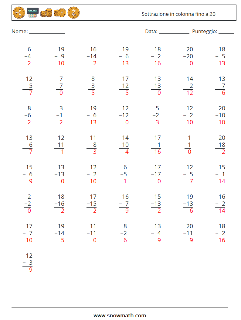 (50) Sottrazione in colonna fino a 20 Fogli di lavoro di matematica 1 Domanda, Risposta