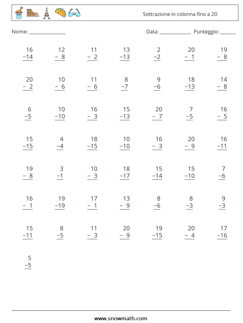 (50) Sottrazione in colonna fino a 20 Fogli di lavoro di matematica 2