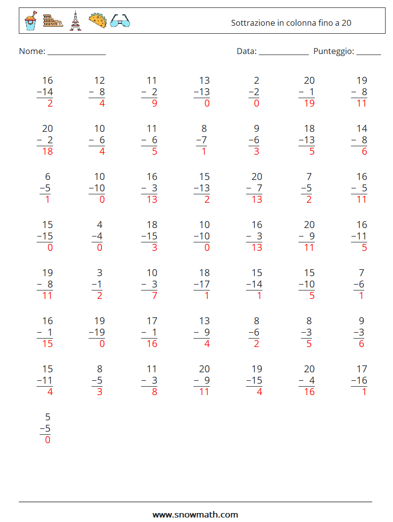 (50) Sottrazione in colonna fino a 20 Fogli di lavoro di matematica 2 Domanda, Risposta