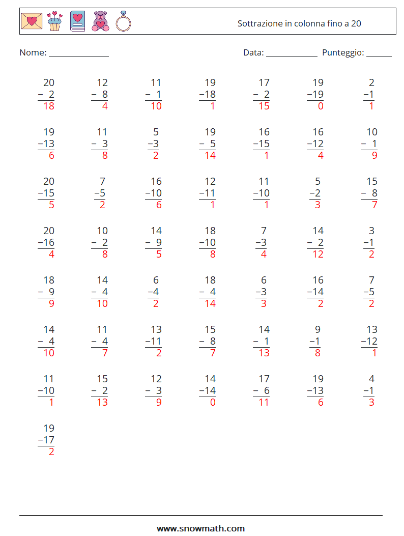 (50) Sottrazione in colonna fino a 20 Fogli di lavoro di matematica 3 Domanda, Risposta
