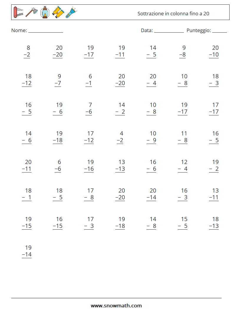 (50) Sottrazione in colonna fino a 20 Fogli di lavoro di matematica 4
