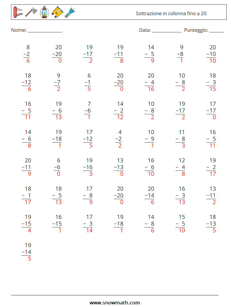 (50) Sottrazione in colonna fino a 20 Fogli di lavoro di matematica 4 Domanda, Risposta