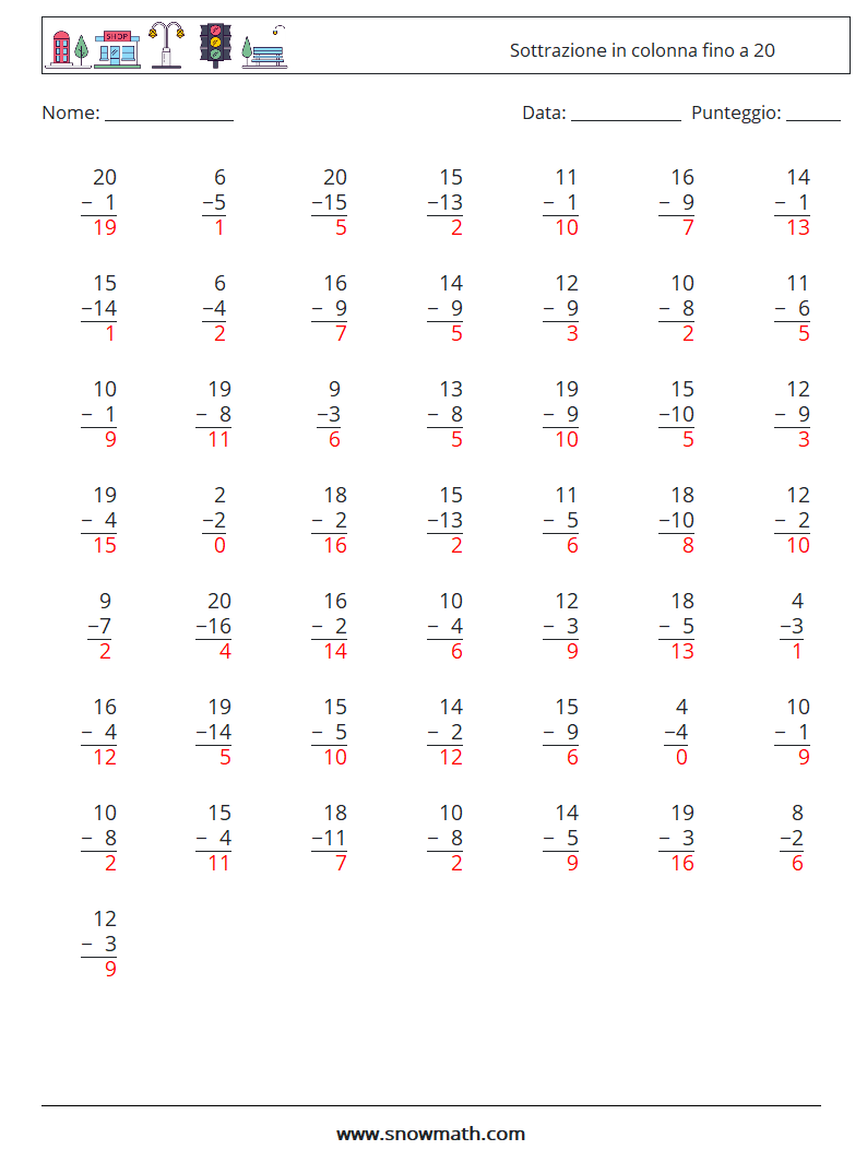 (50) Sottrazione in colonna fino a 20 Fogli di lavoro di matematica 5 Domanda, Risposta