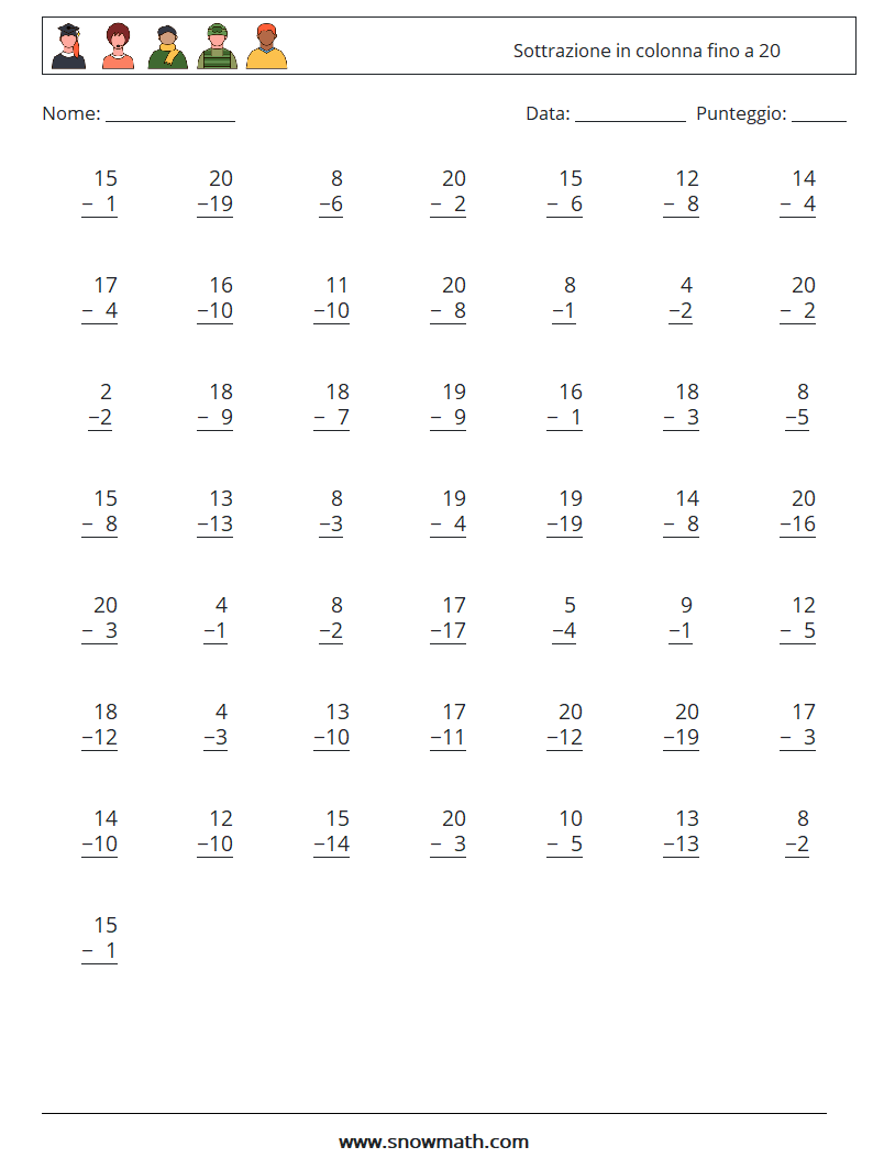 (50) Sottrazione in colonna fino a 20 Fogli di lavoro di matematica 6