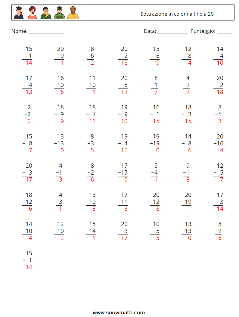(50) Sottrazione in colonna fino a 20 Fogli di lavoro di matematica 6 Domanda, Risposta