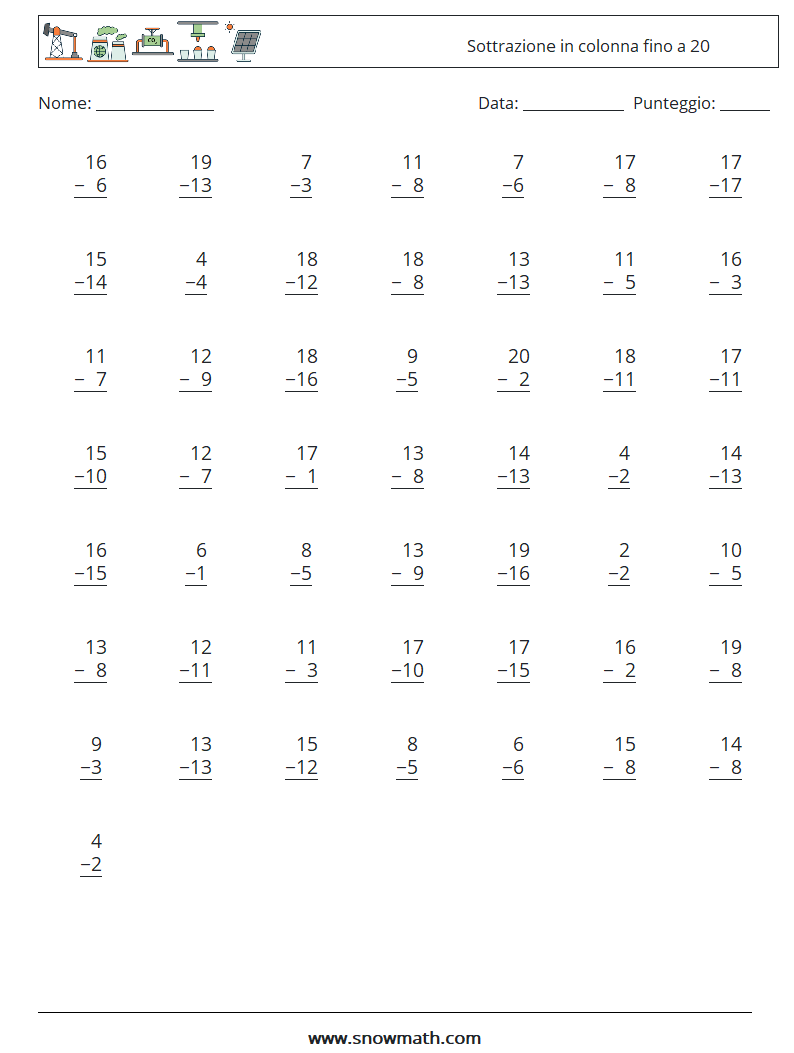 (50) Sottrazione in colonna fino a 20 Fogli di lavoro di matematica 7