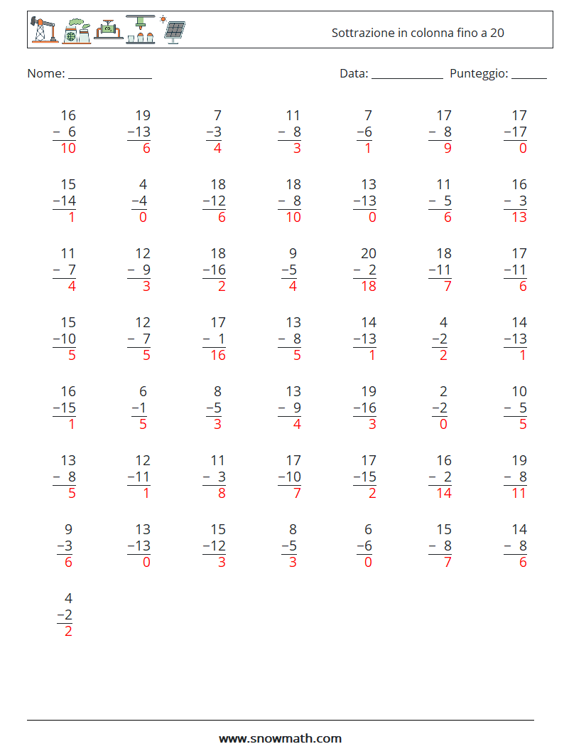 (50) Sottrazione in colonna fino a 20 Fogli di lavoro di matematica 7 Domanda, Risposta