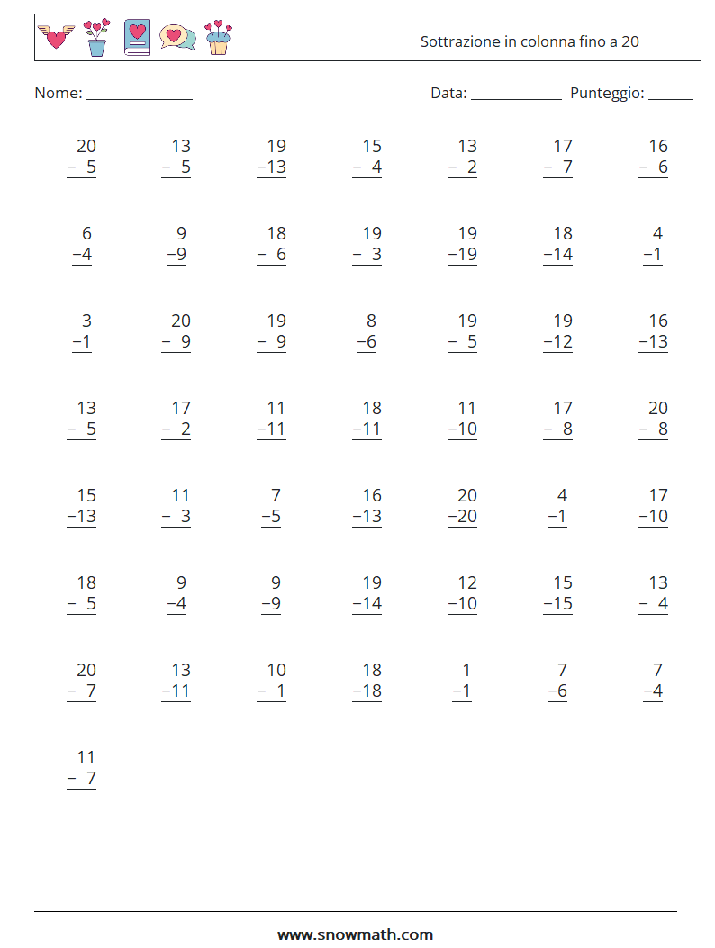 (50) Sottrazione in colonna fino a 20 Fogli di lavoro di matematica 8