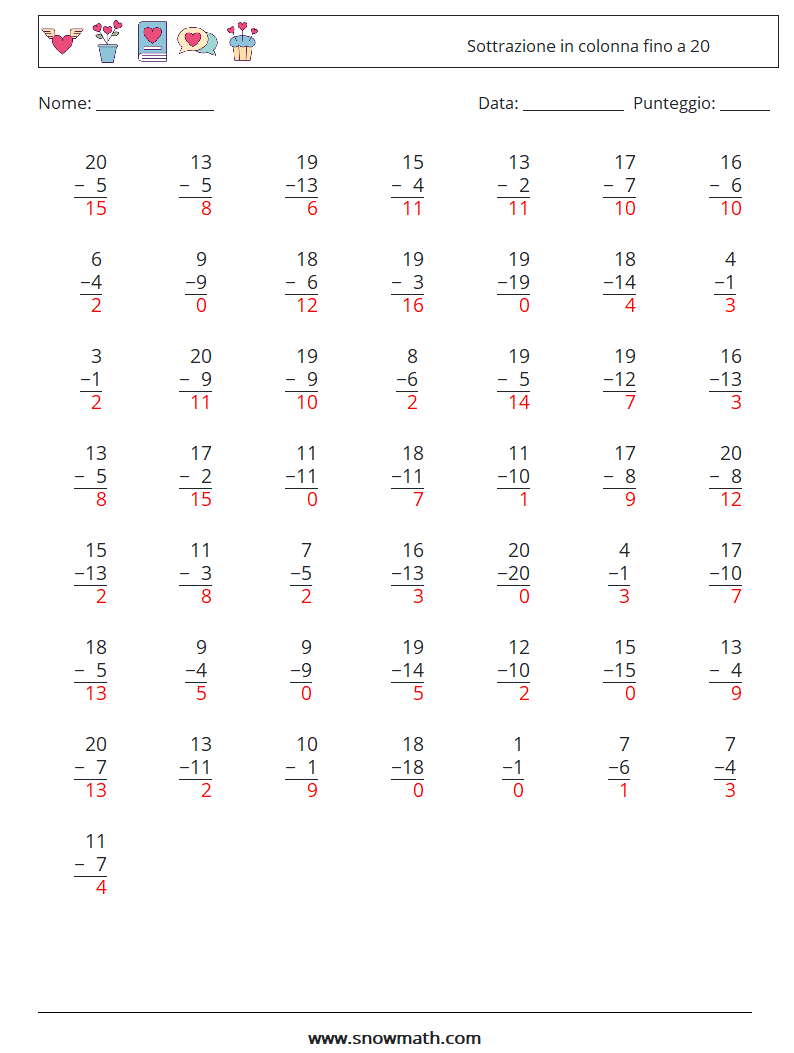 (50) Sottrazione in colonna fino a 20 Fogli di lavoro di matematica 8 Domanda, Risposta