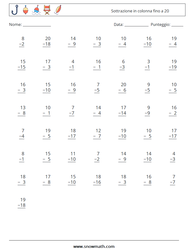 (50) Sottrazione in colonna fino a 20 Fogli di lavoro di matematica 9