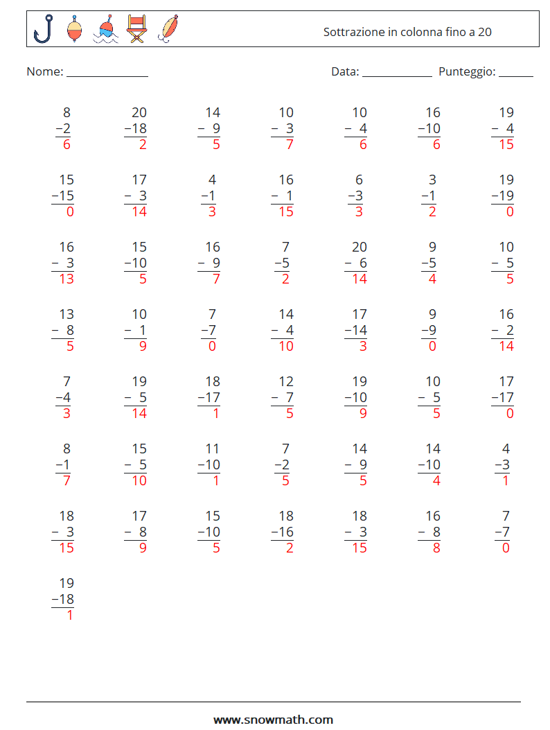 (50) Sottrazione in colonna fino a 20 Fogli di lavoro di matematica 9 Domanda, Risposta