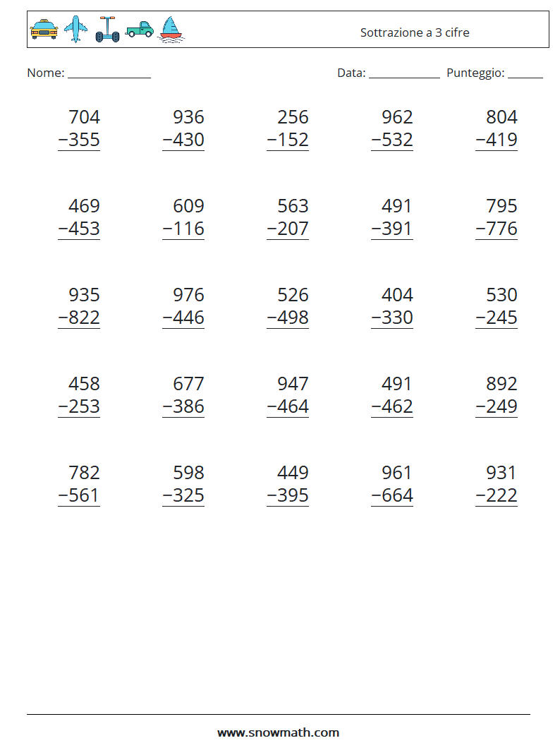 (25) Sottrazione a 3 cifre Fogli di lavoro di matematica 1