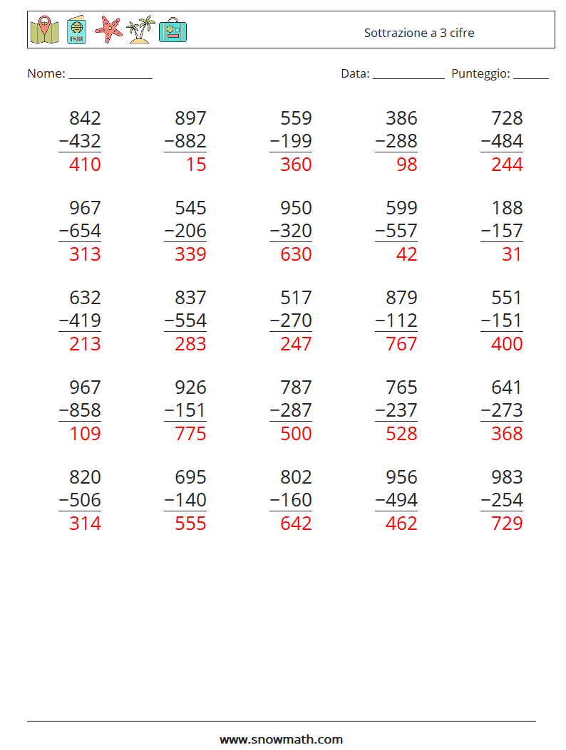 (25) Sottrazione a 3 cifre Fogli di lavoro di matematica 10 Domanda, Risposta