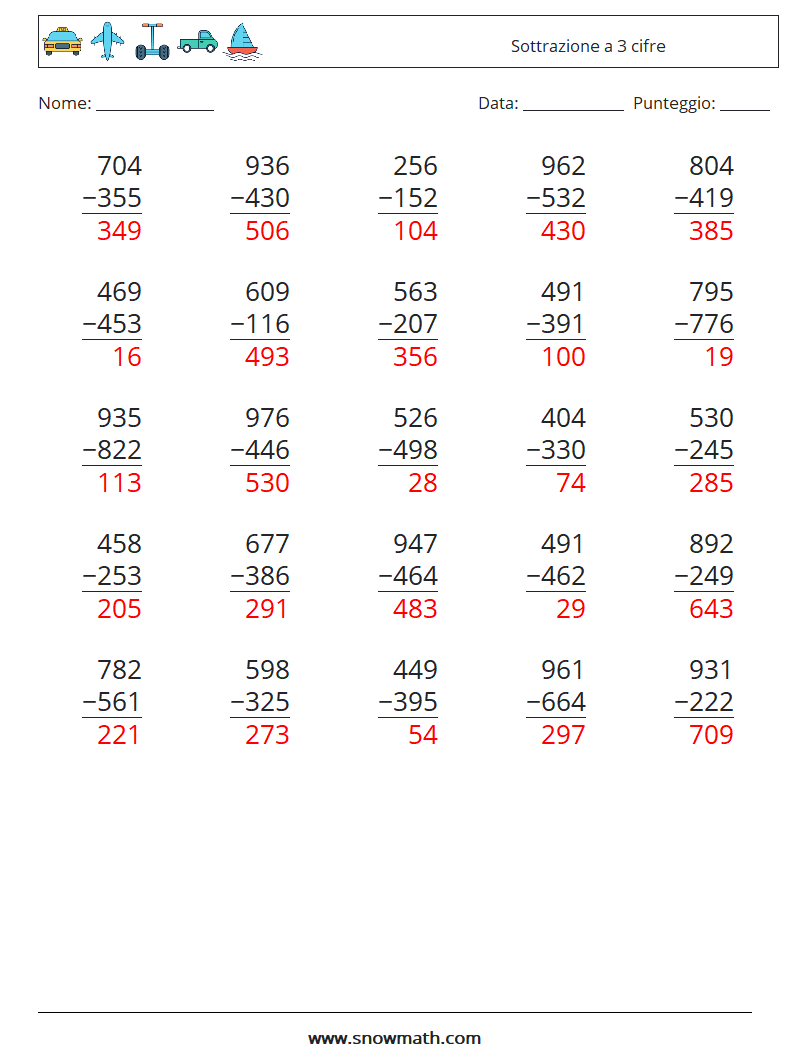 (25) Sottrazione a 3 cifre Fogli di lavoro di matematica 1 Domanda, Risposta