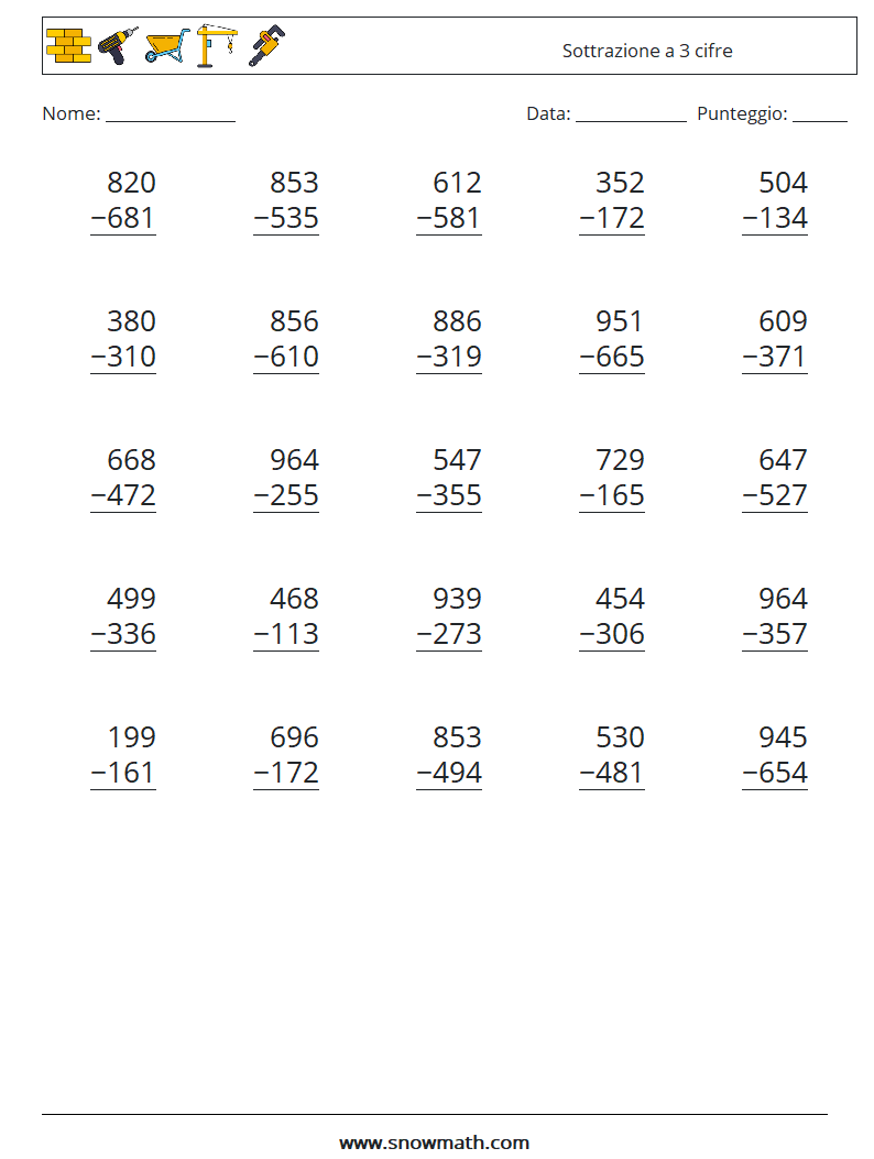 (25) Sottrazione a 3 cifre Fogli di lavoro di matematica 2