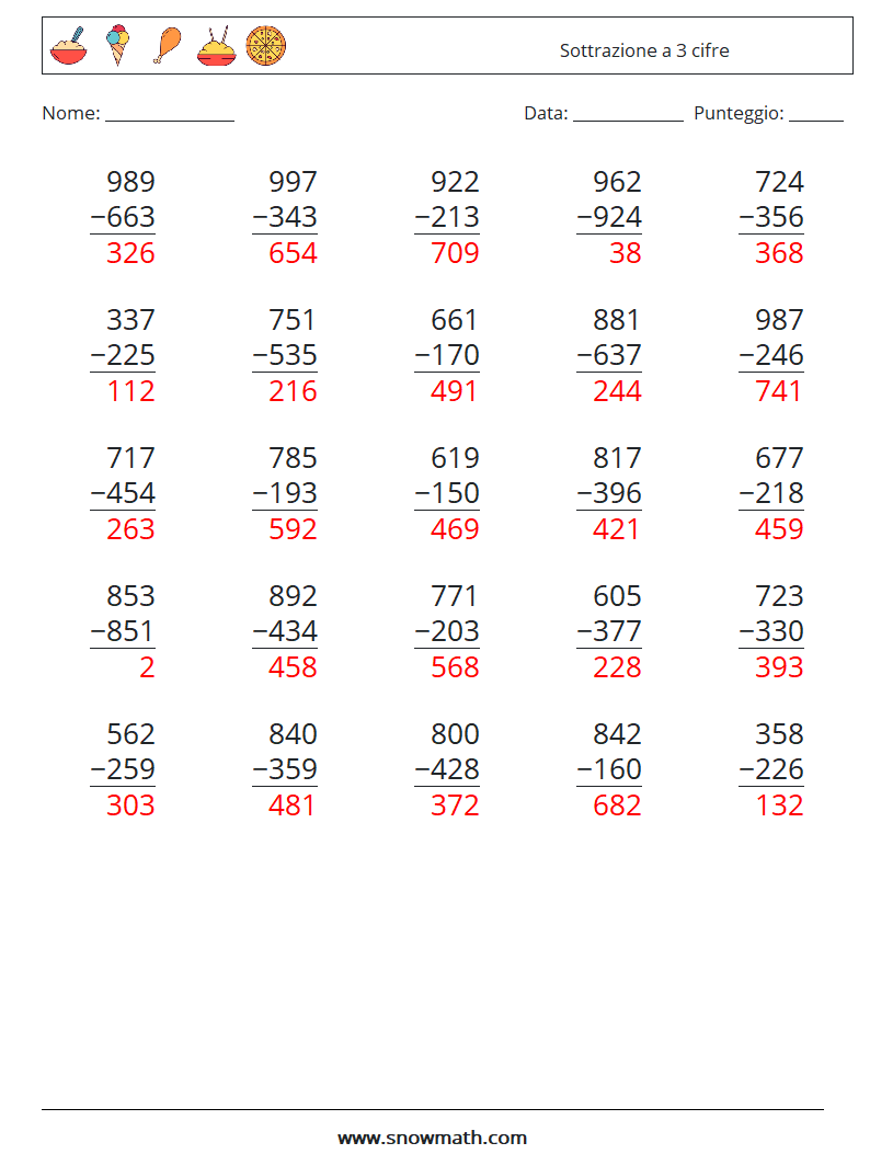 (25) Sottrazione a 3 cifre Fogli di lavoro di matematica 3 Domanda, Risposta