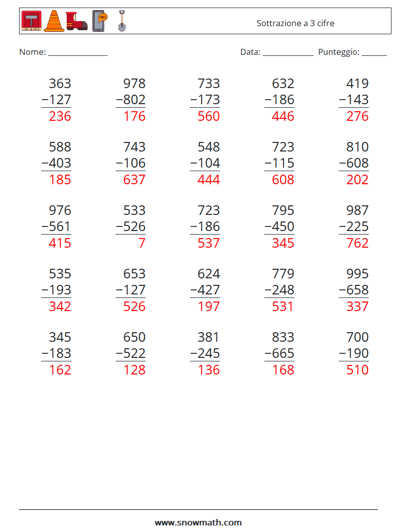 (25) Sottrazione a 3 cifre Fogli di lavoro di matematica 4 Domanda, Risposta